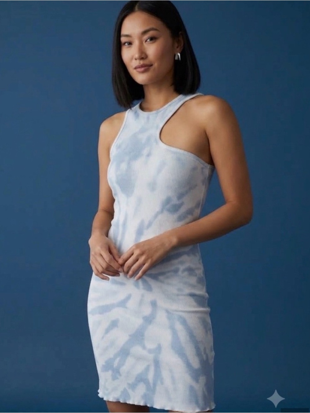 Zara Blue and White Tie-Dye Ribbed Racerback Mini Dress